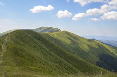 Yaz güneşli bir günde, Borzhava sırtının dik yamaçlarıyla yeşil bir dağ tepesinde yürüyüş yolu. Karpat Dağları, Ukrayna