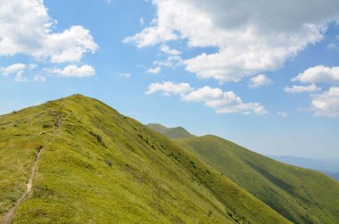 Yaz güneşli bir günde, Borzhava sırtının dik yamaçlarıyla yeşil bir dağ tepesinde yürüyüş yolu. Karpat Dağları, Ukrayna