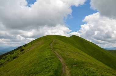 Bir yaz öğleden sonrası boyunca dağ sırası boyunca uzanan doğa yolunu daralt. Tepe manzarası yürüyüş için mükemmeldir. Karpat Dağları, Ukrayna  