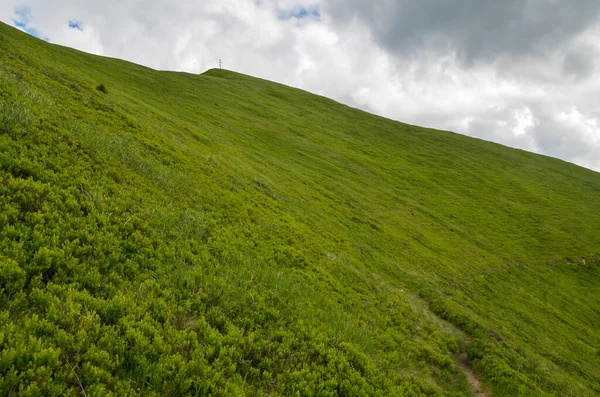 Naturskön Utsikt Över Gräsbevuxen Landskap Med Branta Gröna Sluttningar Bergsryggen — Stockfoto