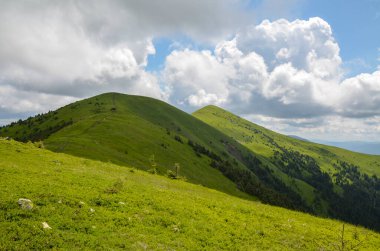 Tepelerinde yemyeşil çimenler ve arka planında bulutlu mavi gökyüzü olan güzel dağ sırtı. Karpatlar, Ukrayna