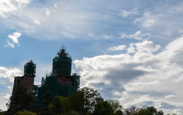 Středověký Hrad Kostel Gremi Lešení Kopci Při Rekonstrukci Oblasti Kakheti — Stock fotografie