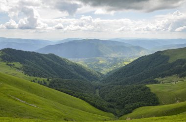 Alp çayırlı yaz manzarası, dağ yamacındaki yeşil orman ve vadideki köy. Karpat Dağları, Ukrayna