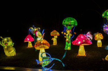 Çin Fener Festivali 'nden geleneksel lambalar. Sokak lambaları uğur böceği, mantar ve çiçeklerin heykeli