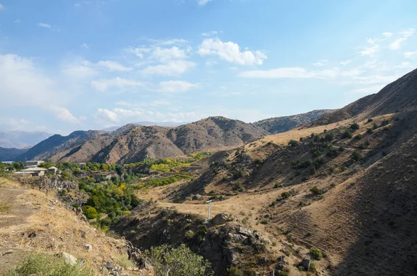 Autumn Landscape Gentle Slopes Mountainous Terrain Covered Trees Dry Grass — Stock Photo, Image