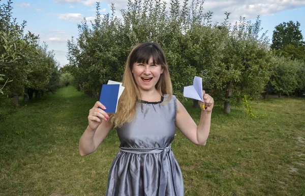 Happy Joyful Emotional Tourist Girl Holding Hands Passport Tickets Paper — Photo