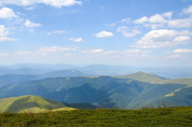 Çimenli çayırlar ve güneşli bir öğleden sonra ormanla kaplı yuvarlanan tepelerle dolu yaz dağları manzarası. Karpat Dağları, Ukrayna