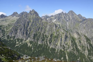 Güneşli bir günde, yüksek Tatras dağlarında keskin tepeleri olan kayalık duvarlı manzara. Slovakya