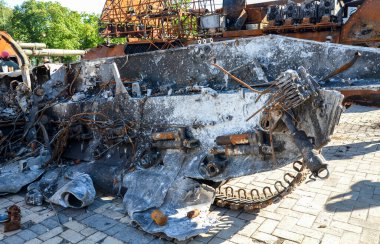 Burned and exploded BTR-MD amphibious armored personnel carrier of the russian invaders. Destroyed military vehicles and equipment. War in Ukraine