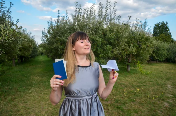 Beautiful Dreamy Woman Holding Passport Paper Plane Hands Closing Eyes — Photo
