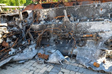 Burned and exploded BTR-MD amphibious armored personnel carrier of the russian invaders. Destroyed military vehicles and equipment. War in Ukraine