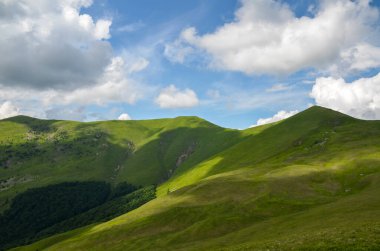 Dağ sırtında dik yeşil çimenli yamaç manzaralı seyahat ve tatil manzarası. Karpat Dağları, Ukrayna
