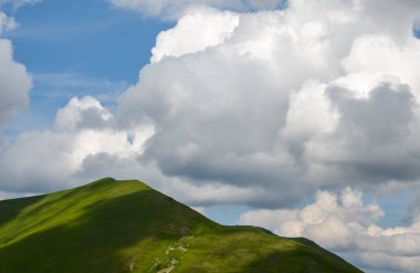 Arka planda mavi bulutlu gökyüzü olan çimenli dağ manzarası. Karpatların güzel doğası