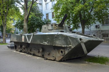 Russian BMD-2 airborne combat vehicle destroyed by the Ukrainian Armed Forces displayed at exhibition near National museum of Military History of Ukraine in Kyiv