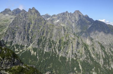Gri kayalık dağ sırasının keskin zirveleri her yıl bulutlarla kaplı yeşil bir gökyüzünün altında bitki örtüsüyle kaplıdır. Yüksek Tatra Dağları, Slovakya
