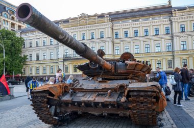 Burned and exploded tank -72B destroyed as a result artillery strike on russian invaders showing during an exhibition displaying destroyed military vehicles in Kyiv 