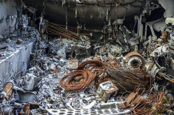 Close-up of the engine of a destroyed russian BMD-2 Airborne Fighting Vehicle after combat strike of Ukrainian armed forces