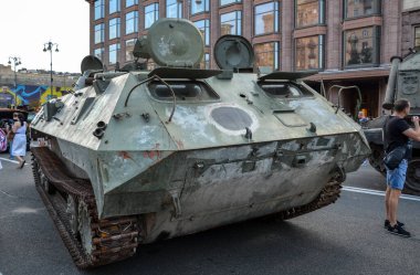 Destroyed tanks, armored vehicles, trucks and other military equipment of the Russian invaders at an exhibition on Khreshchatyk in the center of Kyiv