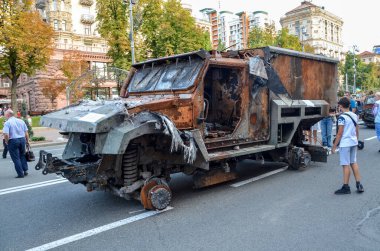 Destroyed tanks, armored vehicles, trucks and other military equipment of the Russian invaders at an exhibition on Khreshchatyk in the center of Kyiv