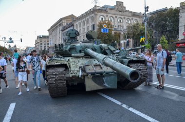 Broken down and rusting russian tanks in in Khreshchatyk, the main street of Kyiv during exhibition before Independence Day of Ukraine