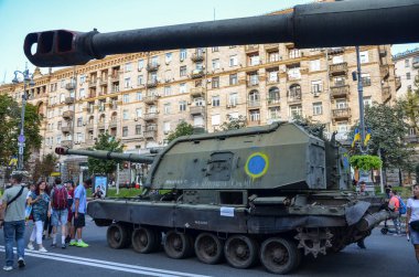 Burnt and damaged russian tanks, various armoured vehicles and rocket launchers, parked in the central Khreshchatyk street during exhibition in Kyiv