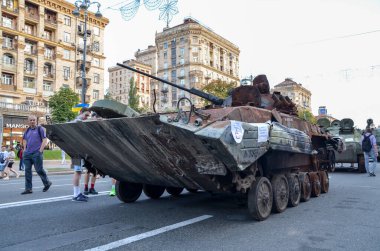 Burnt and damaged russian tanks, various armoured vehicles and rocket launchers, parked in the central Khreshchatyk street during exhibition in Kyiv