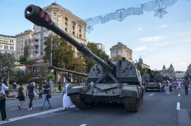 Dozens of destroyed enemy tanks and armor displayed during an exhibition of crushed Russian military vehicles on Khreshchatyk street in center of Kyiv