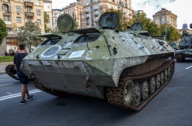 Dozens of destroyed enemy tanks and armor displayed during an exhibition of crushed Russian military vehicles on Khreshchatyk street in center of Kyiv