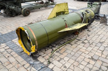 Damaged missile OTR-21 Tochka at exhibition of destroyed russian military vehicles and equipment takes place in Mykhailivska Square, Kyiv, capital of Ukraine.
