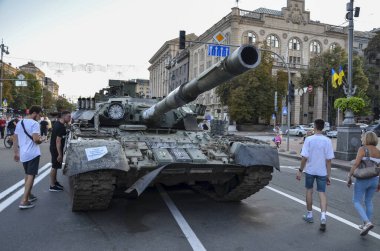 Tank T 80 captured by Ukrainian forces displayed at Khreshchatyk street in Kyiv during an exhibition of russian military equipment