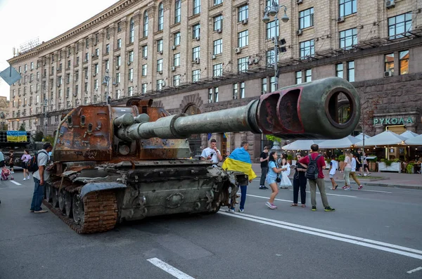 Trophy Russian Military Equipment Exhibited Khreschatyk Street Central Kyiv War — стокове фото