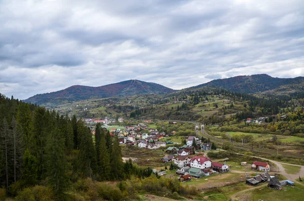 Top View Carpathian Mountains Village Slavske Autumn Season Ukraine — Zdjęcie stockowe