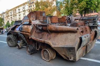 Destroyed russian tanks and military equipment on display for public at Khreshchatyk street in Kyiv, Ukraine 