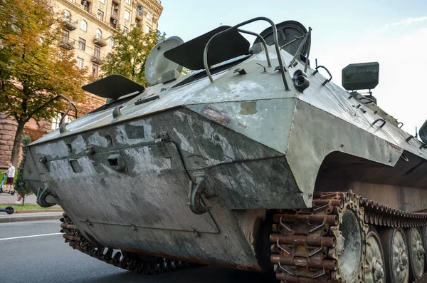 Remains of russian armored vehicle displayed at Khreshchatyk street in Kyiv. War in Ukraine 