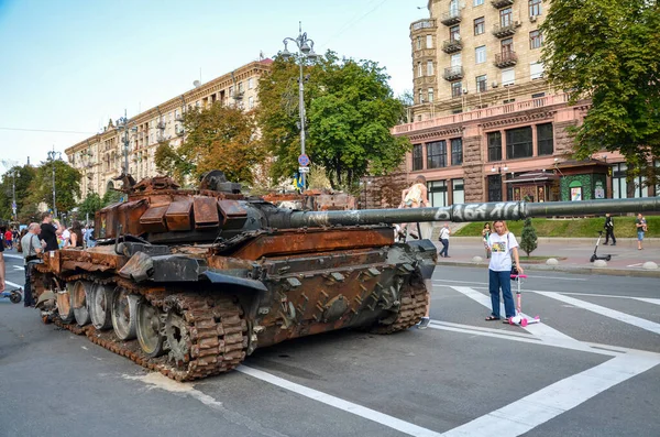 Destroyed russian tanks and military equipment on display for public at Khreshchatyk street in Kyiv, Ukraine 