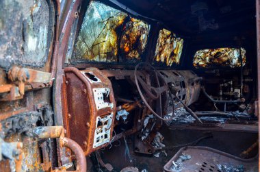 Burned interior of russian Tigr-M infantry mobility vehicle shot down during the battle for Kyiv. 