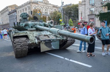 Burnt and damaged russian tanks, various armoured vehicles and rocket launchers, parked in the central Khreshchatyk street during exhibition in Kyiv