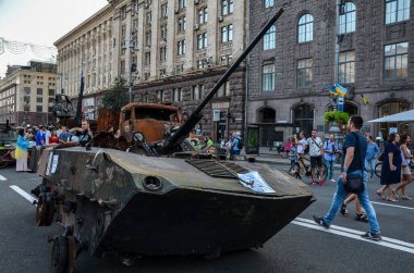 Burnt and damaged russian tanks, various armoured vehicles and rocket launchers, parked in the central Khreshchatyk street during exhibition in Kyiv