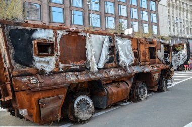 An exhibition of the destroyed Russian military equipment in downtown Kyiv, at Khreshchatyk Street before Independence Day of Ukraine