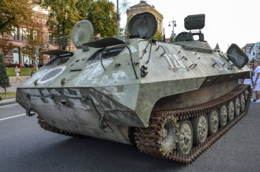 Destroyed russian tanks and military equipment on display for public at Khreshchatyk street in Kyiv, Ukraine 