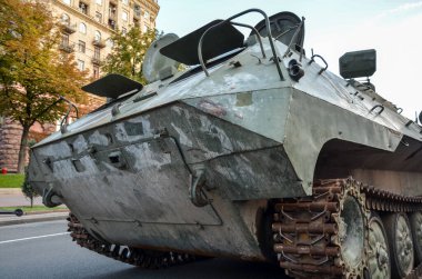 Remains of russian armored vehicle displayed at Khreshchatyk street in Kyiv. War in Ukraine 