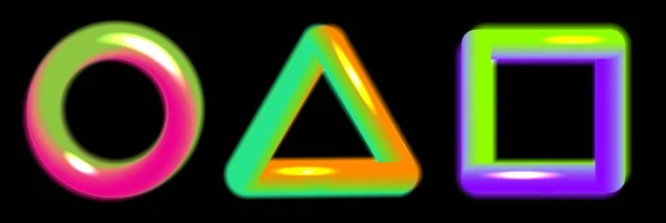 Набір неонових або яскравих рідкокольорових фігур кола, трикутника і квадрата ізольовані на чорному — стоковий вектор