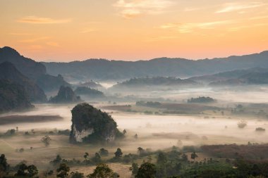 Sunrise and The Mist with Mountain Background, Peyzaj Phu Langka, Payao Eyaleti, Tayland.