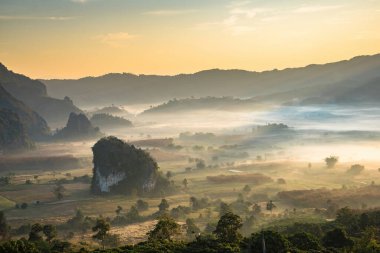 Sunrise and The Mist with Mountain Background, Peyzaj Phu Langka, Payao Eyaleti, Tayland.