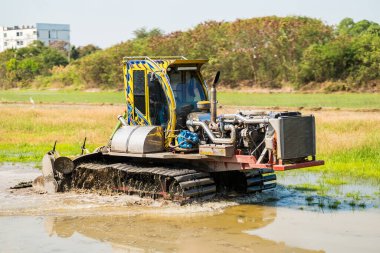Lopburi, Tayland - 19 Ocak 2022: Pirinç tarlalarında traktör sürme, Lopburi, Tayland.