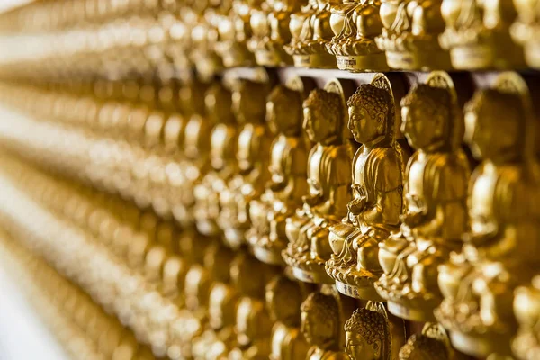 Bangkok, Tayland - 26 Ocak 2022: Birçok altın Buda heykeli Bangkok, Tayland 'daki Wat Leng Nei Yee 2 Tapınağı' nın duvarında sıra sıra dizildi.