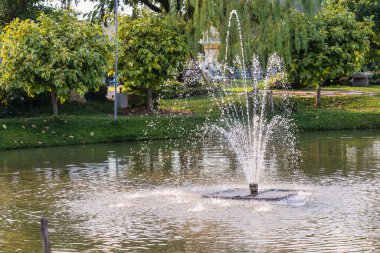 Huzurlu bir park ortamındaki bir gölün yanındaki çeşme.