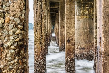 Sahilden deniz kenarına kadar köprünün altındaki geçidi izle. Tayland..