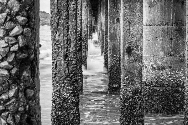 Imagem Preto Branco View Bridge Walkway Cais Praia Para Mar — Fotografia de Stock