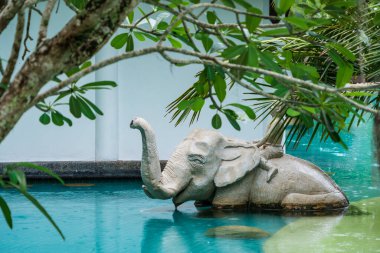 Phuket, Tayland - Mayıs, 08, 2022 Thavorn Beach Village Resort & Spa 'nın yüzme havuzunda fil heykeli.
